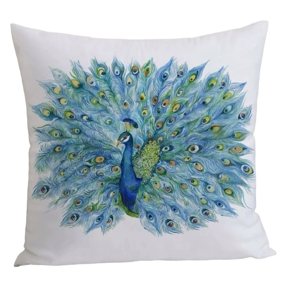 Pillow Cover Peacock Print Zipper Closure Decorative Large Square 17.7 in